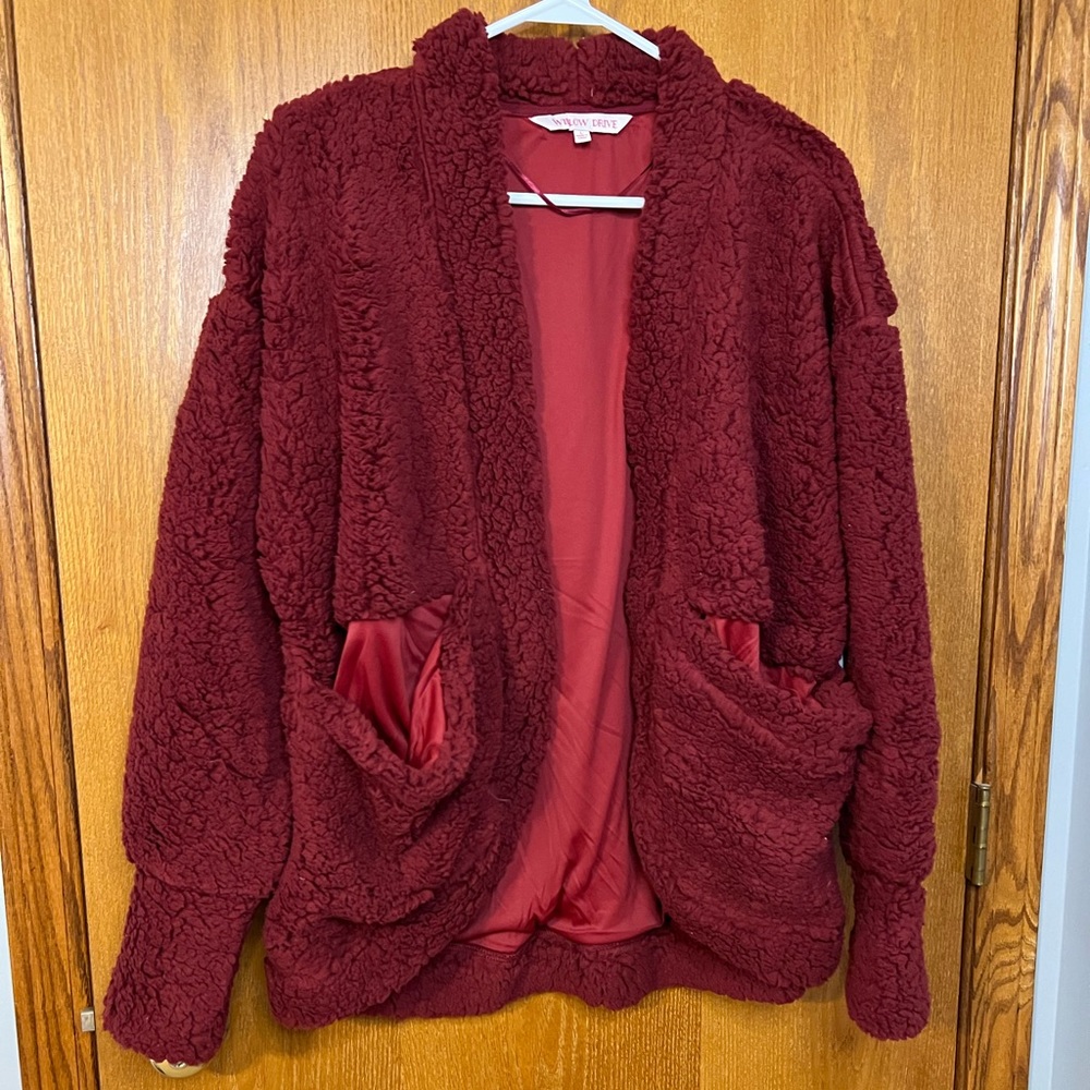 Willow Drive Fuzzy Open Front Cardigan Lg‎ Red Teddy Bear Fleece Soft NWT